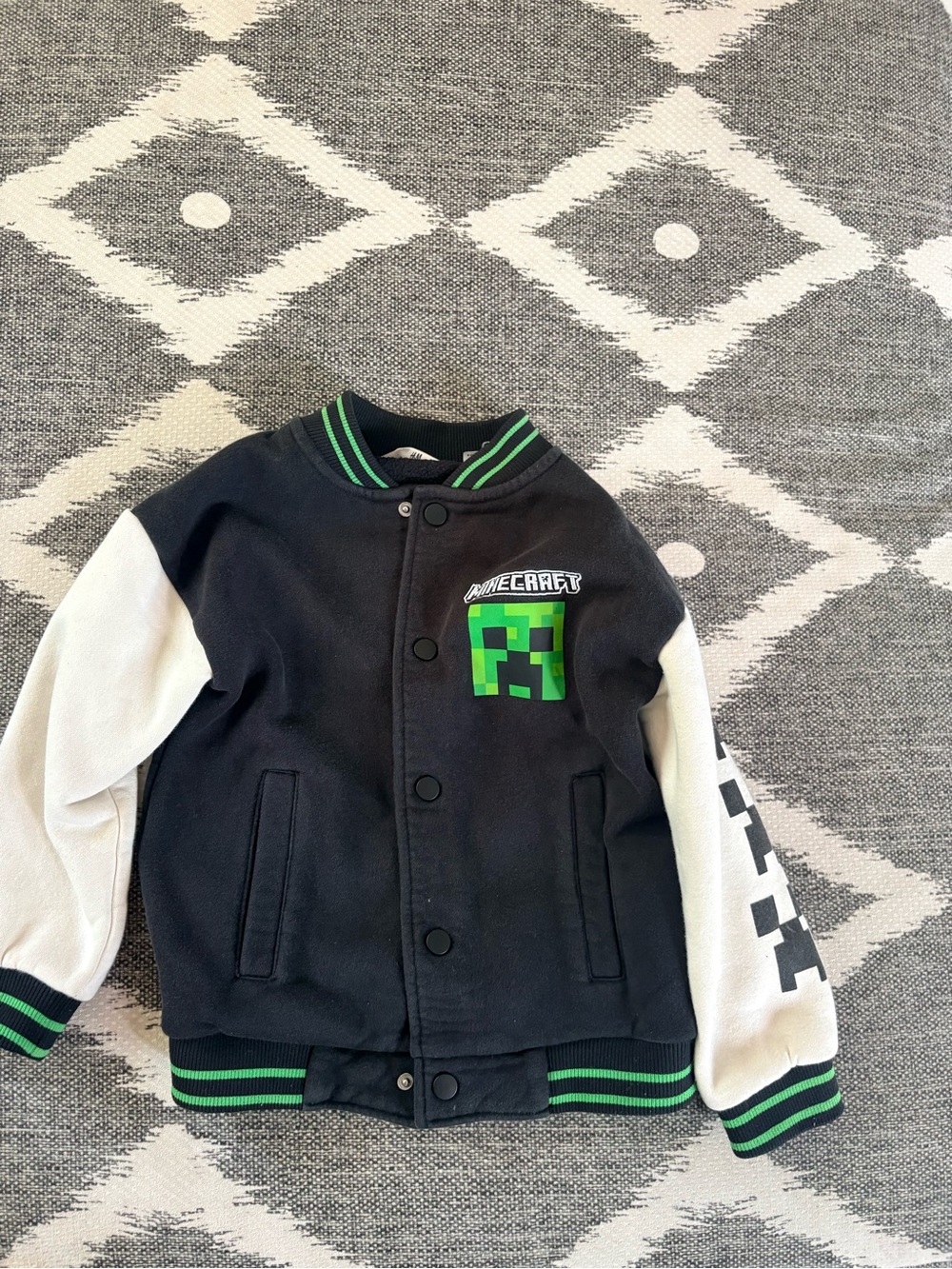 H&M Black & White Kids Minecraft Varsity Jacket with Green Creeper Patch